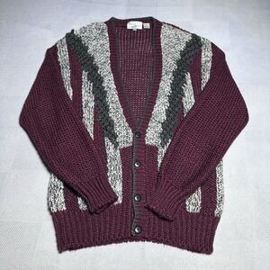 Vintage Sears Roebuck Hand Knit Cardigan Sweater Mens Medium Maroon Chunky Knit